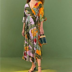 Farm Rio striped bananas maxi wrap dress